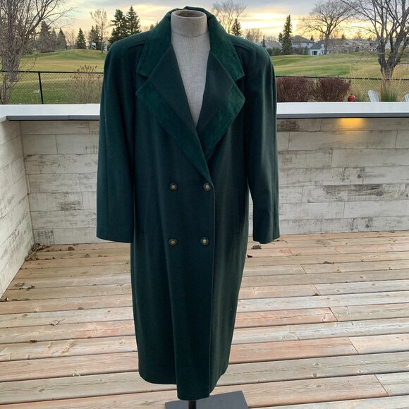 Vintage Forest Green Wool Suede Trim Double Breasted Overcoat Maxi Trench Coat - Picture 1 of 16